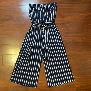 Blue and White Striped Capri Jumpsuit